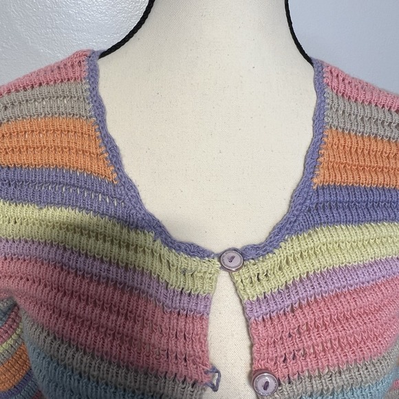 Real Comfort Multicolor Striped Knit 3/4 Sleeve Cardigan Sweater SZ S Rainbow - Picture 3 of 11